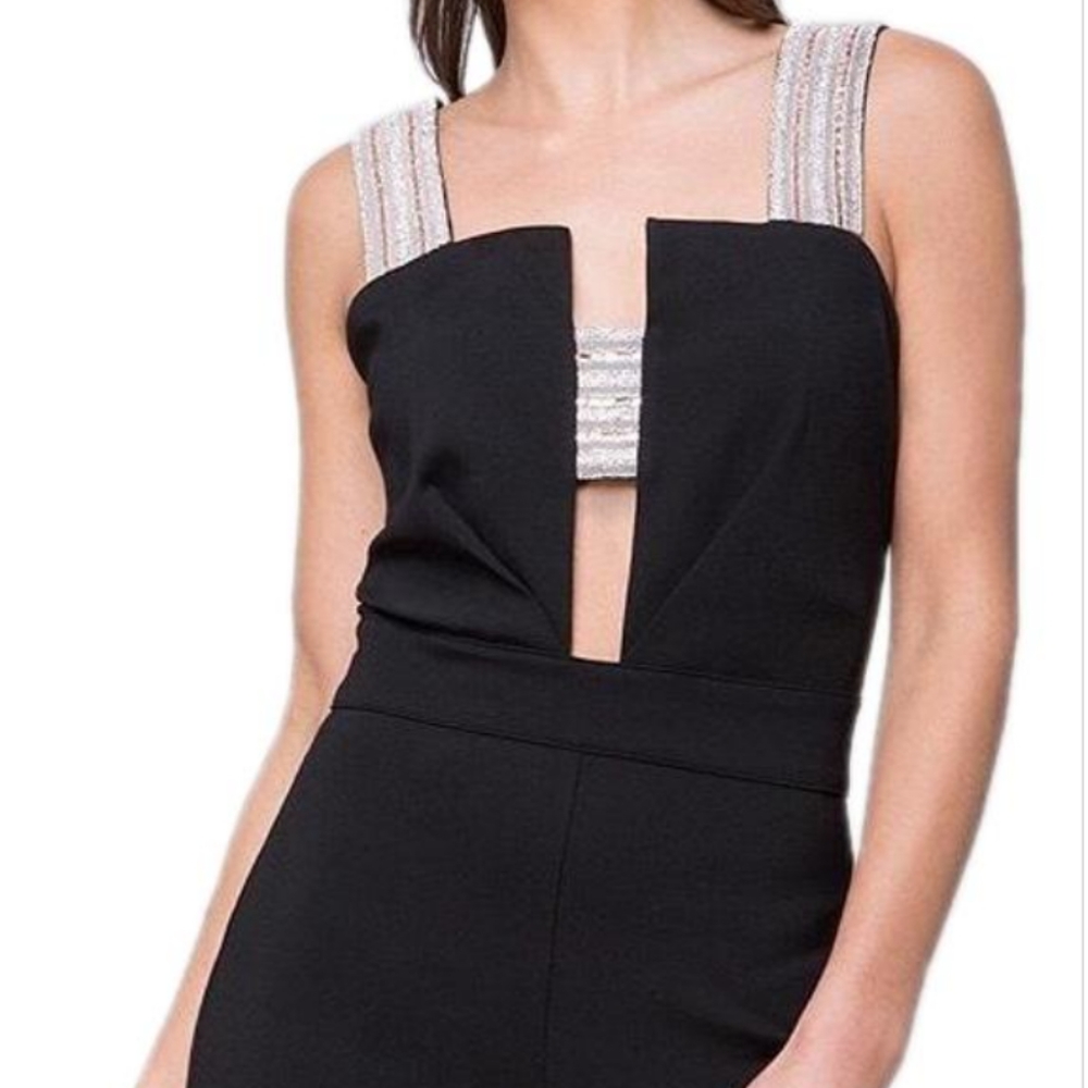 Bebe strap embellished black jumpsuit size xs